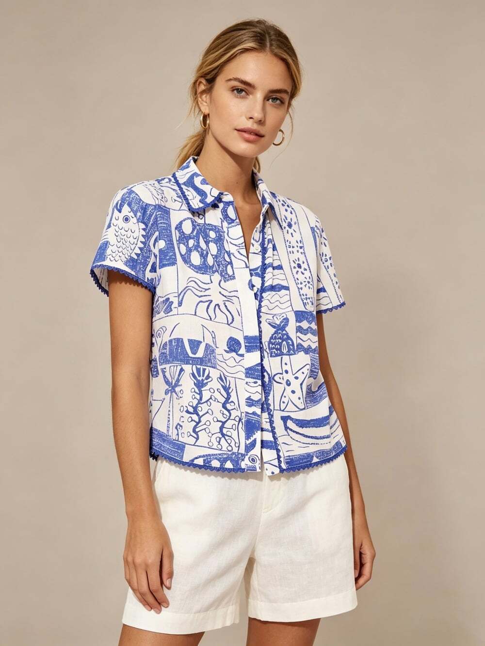 NWOT Anthropologie Farm Rio Nautical Linen-Blend Button-Down Shirt Size XS